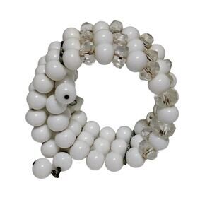 Antique White Glass & Crystal Bead Wire Strand Beaded Stiff Wire Cuff Bracelet
